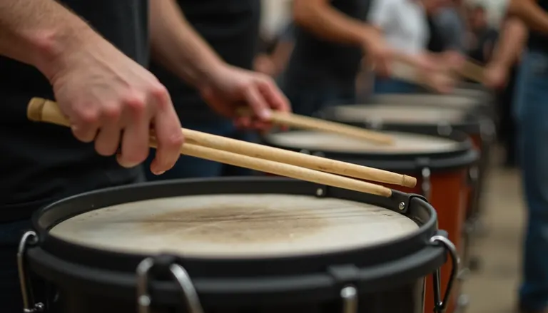 Close-up view of hands tapping rhythm on a plastic bucket with drumsticks