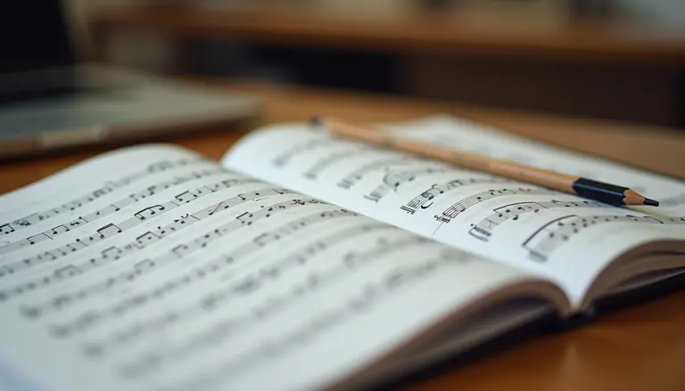 Eye-level view of a child’s hands playing piano keys in a bright music classroom