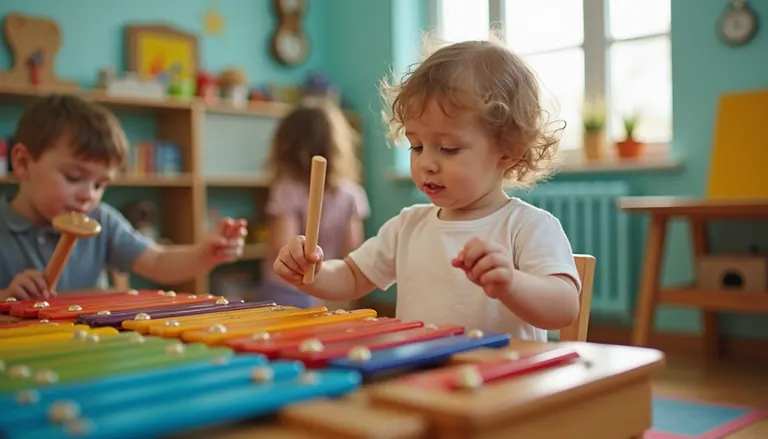 Eye-level view of a child playing a colorful xylophone in a bright classroom