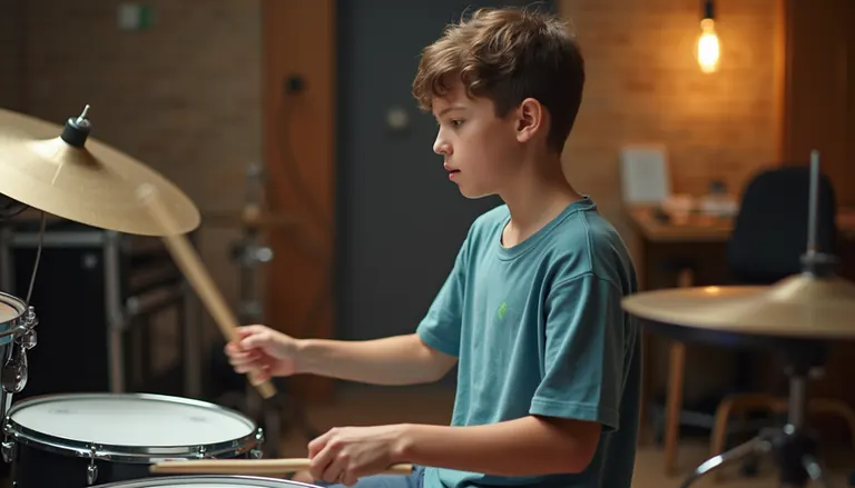 Close-up view of a teen playing drums during a lesson at Azars' Music School