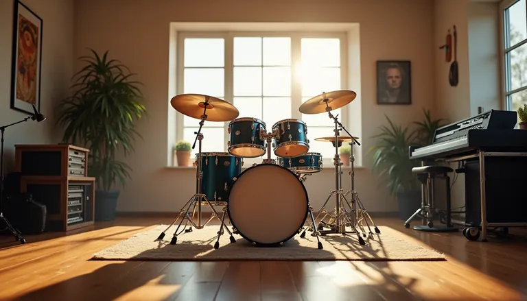 Eye-level view of a drum set in a bright music studio at Azars' Music School