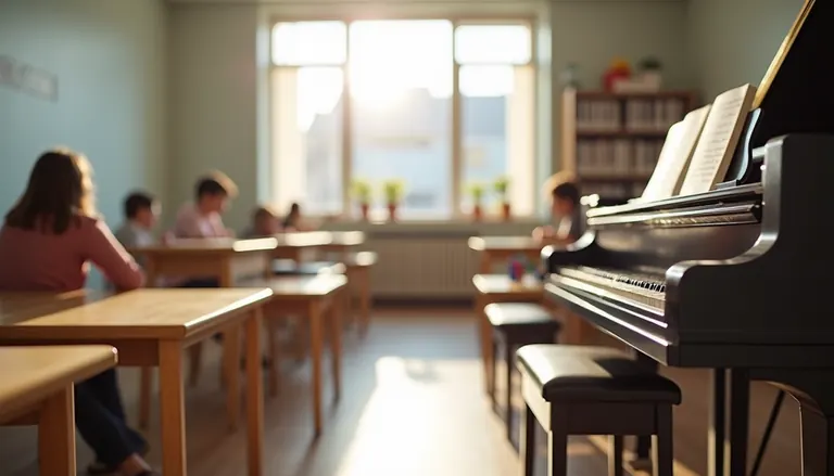 Eye-level view of a classroom with a piano and music theory books on a desk
