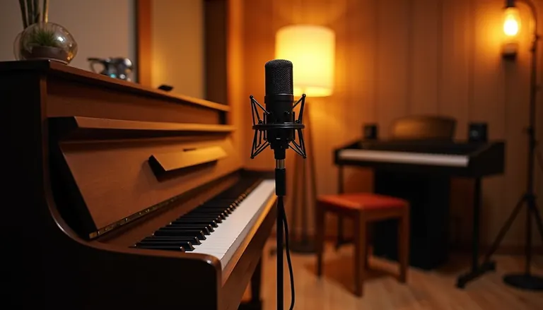 Eye-level view of a cozy music studio with a piano and microphone setup