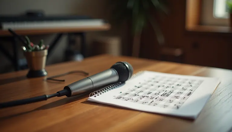 Close-up view of a music sheet and microphone on a wooden table