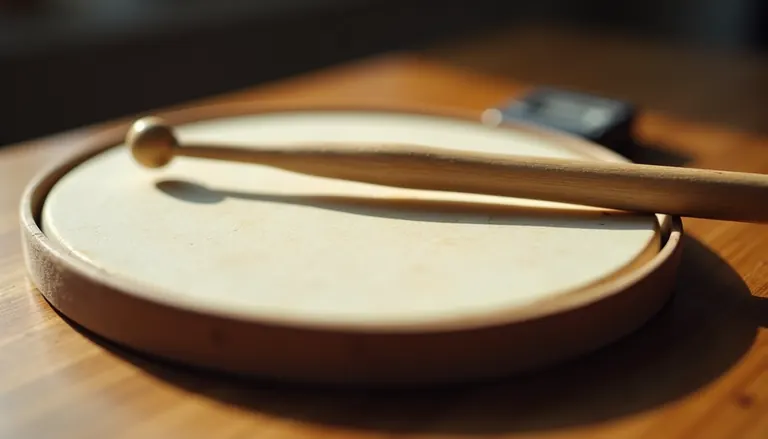 Eye-level view of a practice pad on a wooden table with drumsticks resting beside it