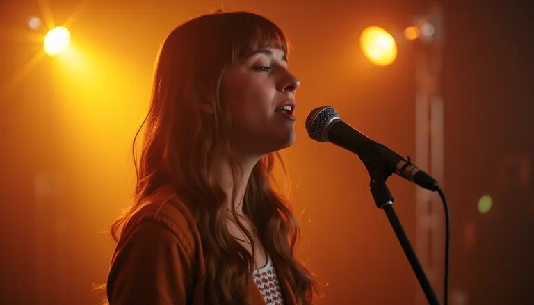 Eye-level view of a young singer practicing vocal warmups in a cozy music room