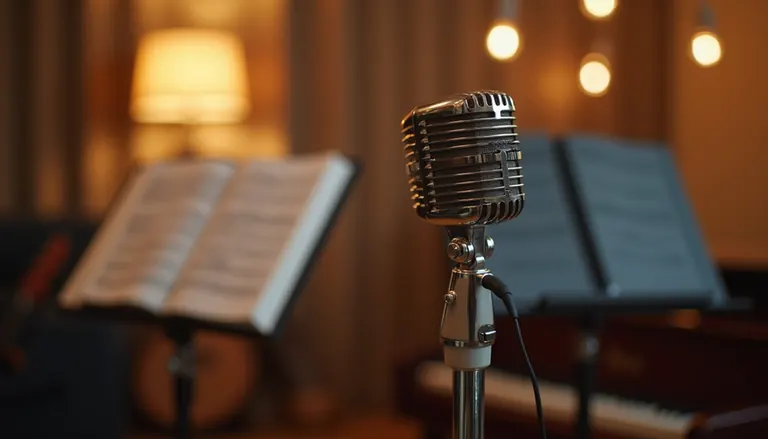 Close-up view of a microphone and music stand in a voice lesson room